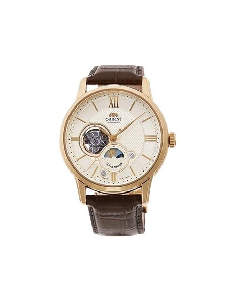 reloj automático hombre Orient Sun Moon RA-AS0010S 42mm cristal de zafiro 50m WR correa de cuero