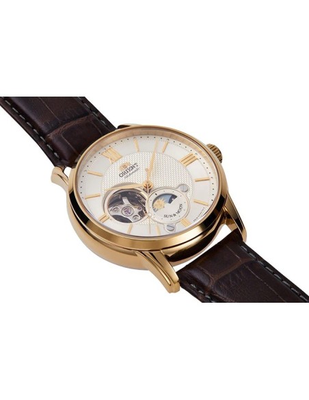 reloj automático hombre Orient Sun Moon RA-AS0010S 42mm cristal de zafiro 50m WR correa de cuero