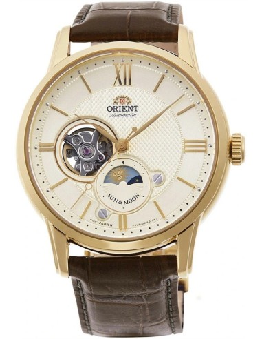 reloj automático hombre Orient Sun Moon RA-AS0010S 42mm cristal de zafiro 50m WR correa de cuero
