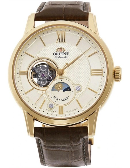 reloj automático hombre Orient Sun Moon RA-AS0010S 42mm cristal de zafiro 50m WR correa de cuero
