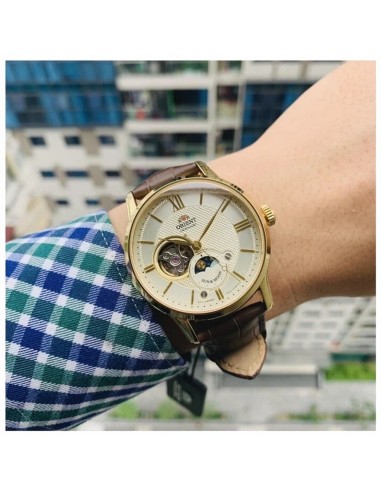 reloj automático hombre Orient Sun Moon RA-AS0010S 42mm cristal de zafiro 50m WR correa de cuero