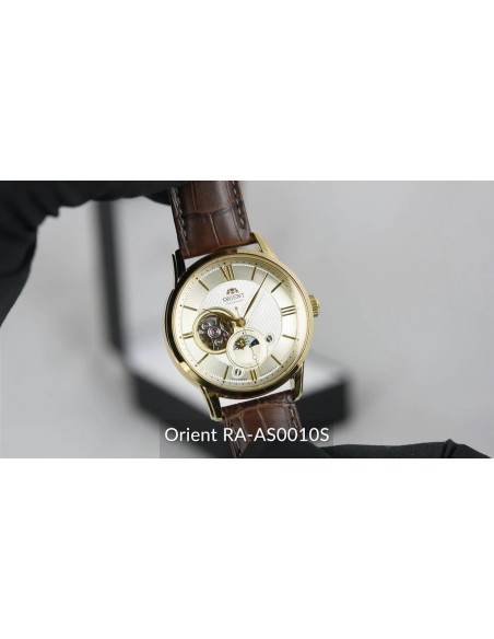 reloj automático hombre Orient Sun Moon RA-AS0010S 42mm cristal de zafiro 50m WR correa de cuero