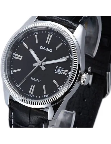 reloj clásico hombre Casio MTP-1302PL-1A Pantalla Neón dial negro correa cuero