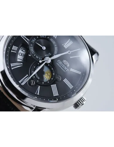 reloj automático hombre Orient Sun & Moon RA-AK0010B dial negro 42.5mm Cristal Zafiro correa cuero 50m