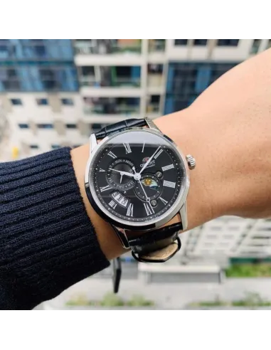 reloj automático hombre Orient Sun & Moon RA-AK0010B dial negro 42.5mm Cristal Zafiro correa cuero 50m