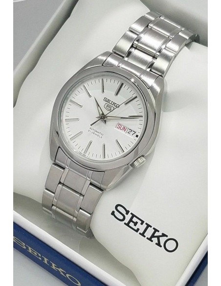 Reloj automático hombre Seiko 5 SNKL41K1 dial blanco plata 38mm correa acero