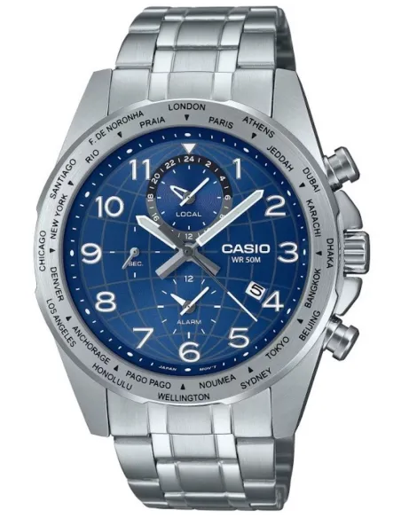 Casio MTP-W500D-2AV 43.9mm 50m WR World Time sport men’s watch stainless steel bracelet
