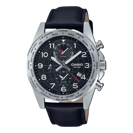 Casio MTP-W500L-1AV 43.9mm Hora Mundial 50m WR correa de cuero Indicador de batería Alarma