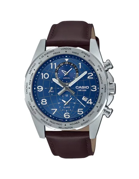 Casio MTP-W500L-2AV 43.9mm World Time 50m WR leather band Alarm Battery level indicator sport men’s watch