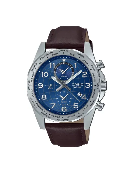Casio MTP-W500L-2AV 43.9mm World Time 50m WR leather band Alarm Battery level indicator sport men’s watch