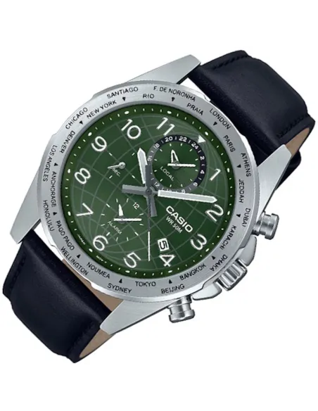 Casio MTP-W500L-3AV 43.9mm World Time 50m WR leather band Alarm Battery level indicator sport men’s watch