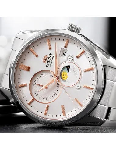 reloj automático hombre Orient Sun & Moon RA-AK0306S 41.5mm 50m WR cristal de zafiro correa de acero