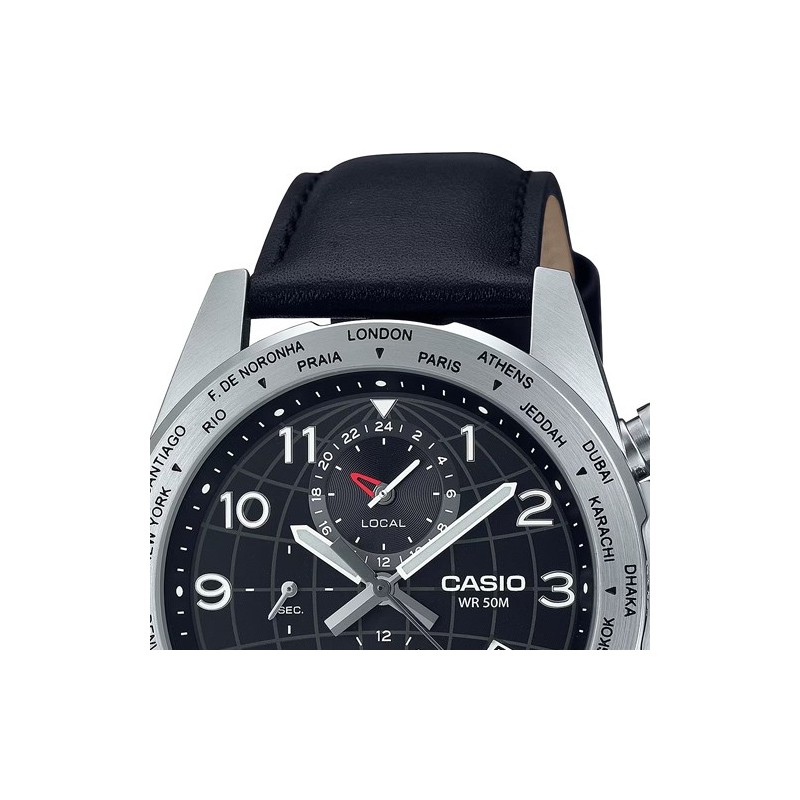 Casio MTP-W500L-1AV 43.9mm Hora Mundial 50m WR correa de cuero Indicador de batería Alarma