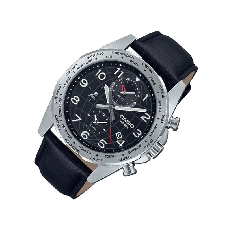 Casio MTP-W500L-1AV 43.9mm Hora Mundial 50m WR correa de cuero Indicador de batería Alarma
