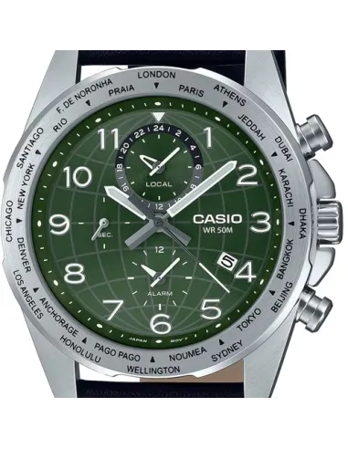 Casio MTP-W500L-3AV 43.9mm World Time 50m WR leather band Alarm Battery level indicator sport men’s watch