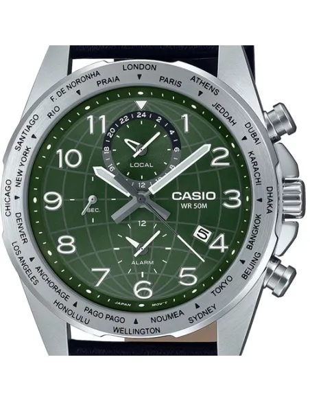 Casio MTP-W500L-3AV 43.9mm World Time 50m WR leather band Alarm Battery level indicator sport men’s watch