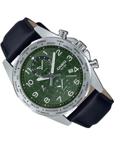 Casio MTP-W500L-3AV 43.9mm World Time 50m WR leather band Alarm Battery level indicator sport men’s watch
