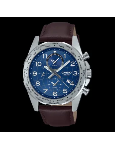 Casio MTP-W500L-2AV 43.9mm World Time 50m WR leather band Alarm Battery level indicator sport men’s watch