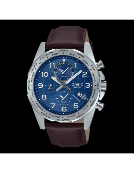 Casio MTP-W500L-2AV 43.9mm World Time 50m WR leather band Alarm Battery level indicator sport men’s watch