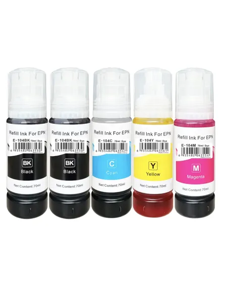 5 botellas tinta Compatibles Epson 104 Botella de Tinta (NEGROx2 + CIÁN + MAGENTA + AMARILLO)