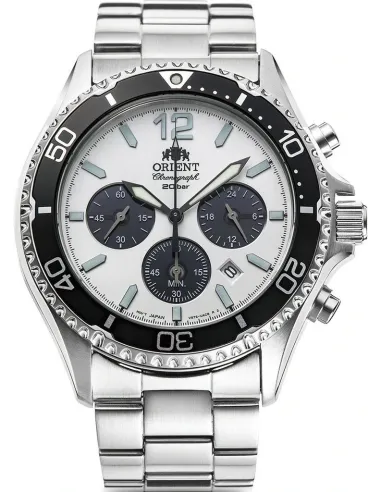 Orient Kamasu Panda Solar RA-TX0203S Chronograph 42.8mm 200m WR Solar Powered sapphire crystal stainless steel bracelet divers m