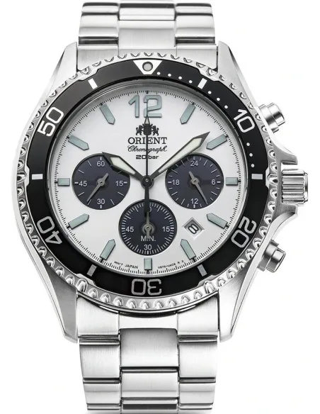Orient Kamasu Panda Solar RA-TX0203S Chronograph 42.8mm 200m WR Solar Powered sapphire crystal stainless steel bracelet divers m