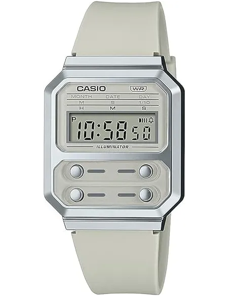reloj retro unisex Casio Future A100WE-1A Pantalla Luz Led de fondo Alarma Cronómetro Resistente al agua correa de acero