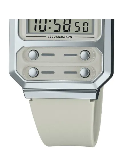 reloj retro unisex Casio Future A100WE-1A Pantalla Luz Led de fondo Alarma Cronómetro Resistente al agua correa de acero