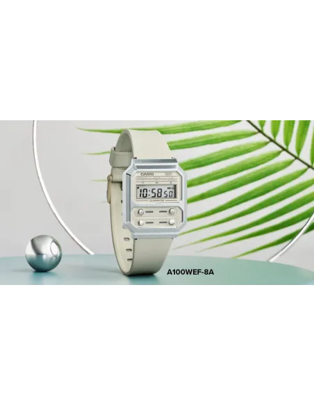 reloj retro unisex Casio Future A100WE-1A Pantalla Luz Led de fondo Alarma Cronómetro Resistente al agua correa de acero