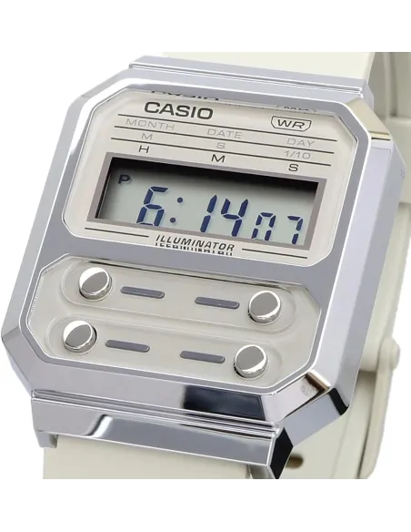 reloj retro unisex Casio Future A100WE-1A Pantalla Luz Led de fondo Alarma Cronómetro Resistente al agua correa de acero