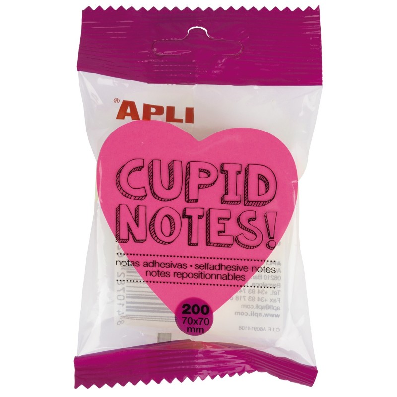Apli Notas Adhesivas Corazon 70x70mm - Bloc 200 Hojas - 4 Colores Surtidos - Fluorescentes