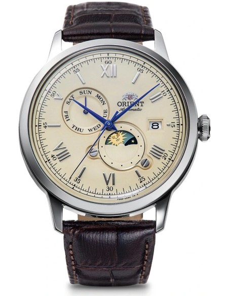 Orient Bambino Sun & Moon RA-AK0803Y 41.5mm dial beige correa de cuero (admite cuerda manual)