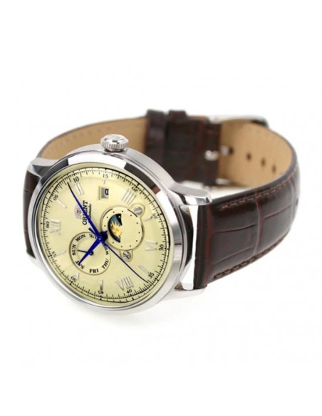 Orient Bambino Sun & Moon RA-AK0803Y 41.5mm dial beige correa de cuero (admite cuerda manual)