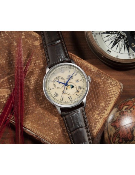 Orient Bambino Sun & Moon RA-AK0803Y 41.5mm dial beige correa de cuero (admite cuerda manual)