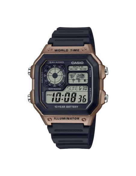 Casio AE-1200WH-5AV 42.1mm 100m WR 10 años batería Hora Mundial Hora Dual 5 Alarmas