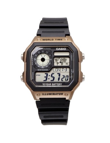 Casio AE-1200WH-5AV 42.1mm 100m WR 10 años batería Hora Mundial Hora Dual 5 Alarmas
