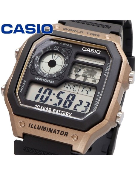 Casio AE-1200WH-5AV 42.1mm 100m WR 10 años batería Hora Mundial Hora Dual 5 Alarmas