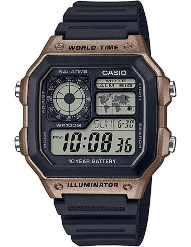 Casio AE-1200WH-5AV 42.1mm 100m WR 10 años batería Hora Mundial Hora Dual 5 Alarmas