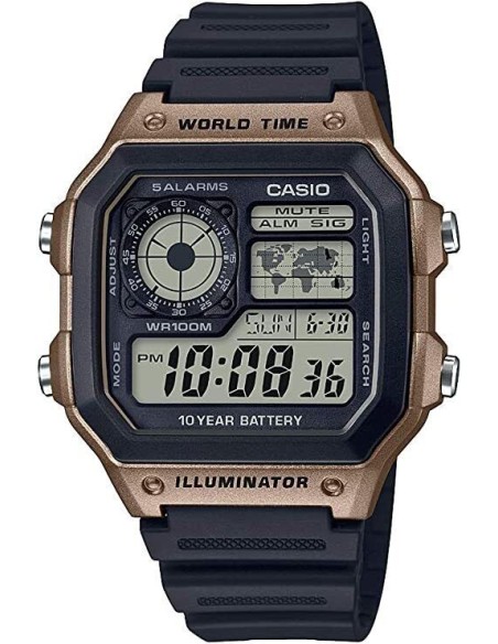 Casio AE-1200WH-5AV 42.1mm 100m WR 10 años batería Hora Mundial Hora Dual 5 Alarmas