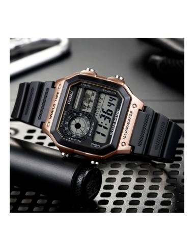 Casio AE-1200WH-5AV 42.1mm 100m WR 10 años batería Hora Mundial Hora Dual 5 Alarmas