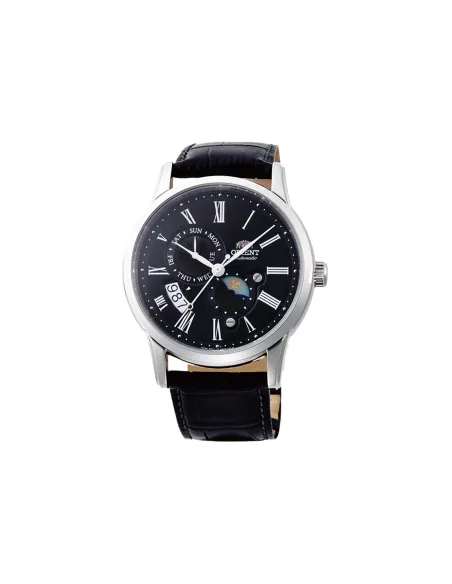 reloj automático hombre Orient Sun & Moon RA-AK0010B dial negro 42.5mm Cristal Zafiro correa cuero 50m
