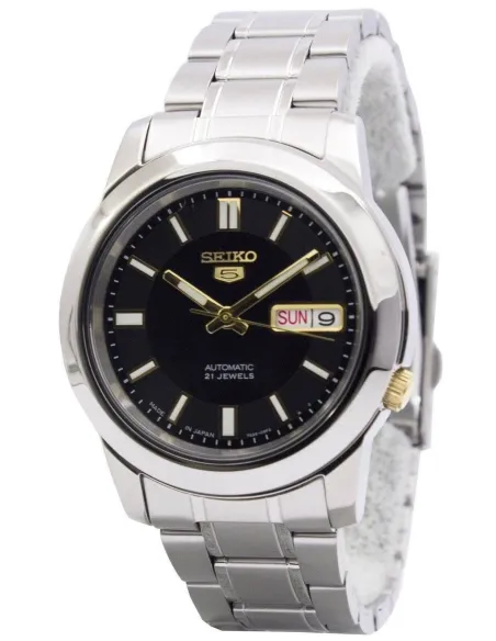 reloj automático hombre Seiko 5 SNKK17J1 38mm Hecho en Japón dial negro  correa de acero calibre 7S26