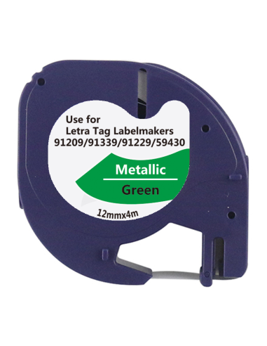 5 cintas Compatible Dymo LetraTag Texto negro sobre fondo metalico verde 91209
