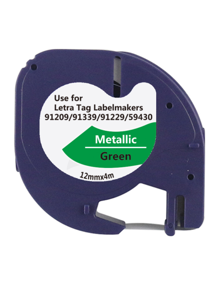 5 cintas Compatible Dymo LetraTag Texto negro sobre fondo metalico verde 91209