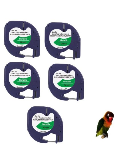 5 cintas Compatible Dymo LetraTag Texto negro sobre fondo metalico verde 91209
