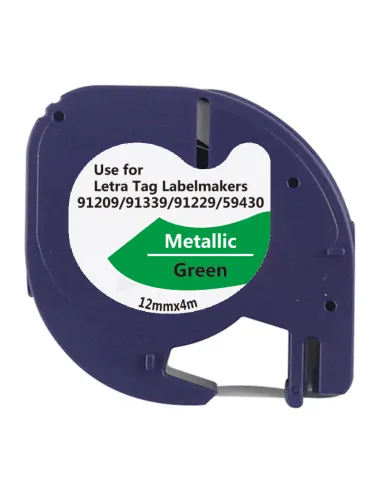 10 cintas Compatible Dymo LetraTag Texto negro sobre fondo metalico verde 91209