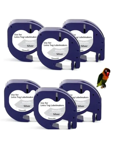 6 cintas Compatibles Dymo LetraTag Texto negro sobre fondo metalico 91208