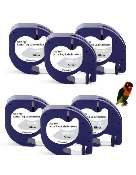 6 cintas Compatibles Dymo LetraTag Texto negro sobre fondo metalico 91208