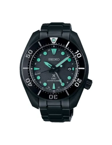 reloj hombre buceo solar Seiko Prospex Solar GMT  The Black Series SBPK007 JDM 45mm 200m WR cristal de zafiro