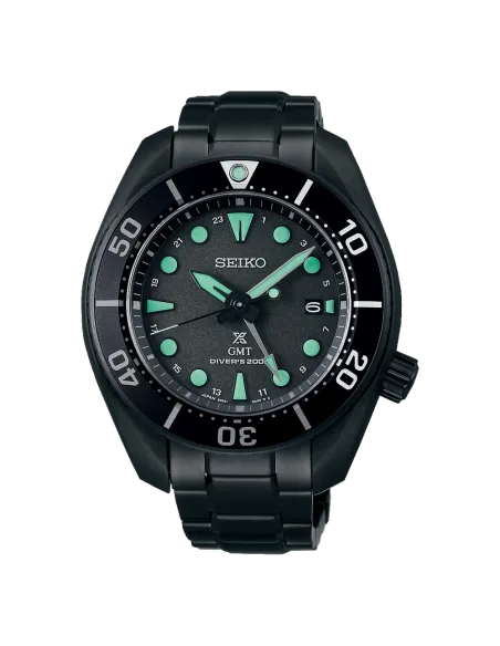 reloj hombre buceo solar Seiko Prospex Solar GMT  The Black Series SBPK007 JDM 45mm 200m WR cristal de zafiro